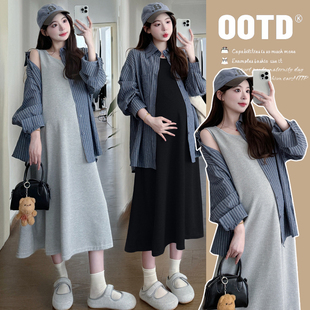 孕妇装春装长袖条纹衬衫春季背心裙春秋两件套连衣裙孕妇套装裙子