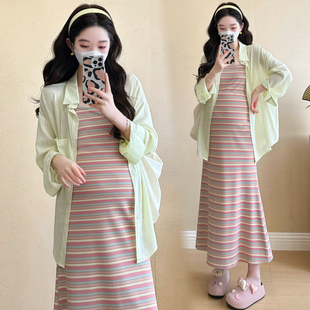 孕妇装夏装防晒衬衫夏季条纹吊带裙孕妇套装连衣裙两件套裙子潮妈