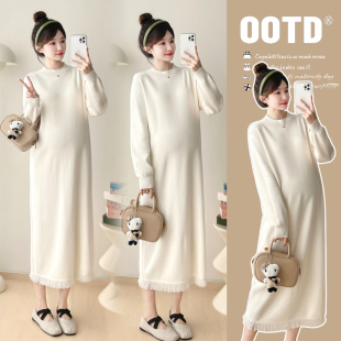 简约流苏花边裙子秋冬装 孕妇装 针织毛衣连衣裙时尚 长袖 孕妇裙 秋装