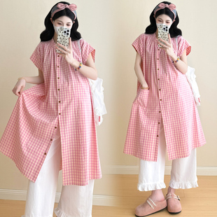 孕妇装夏装短袖格子衬衫连衣裙夏季阔腿裤孕妇套装裙子夏天两件套