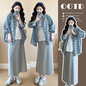 格子衬衫 长袖 春季 半身裙时尚 春 孕妇装 休闲百搭两件套孕妇套装 春装