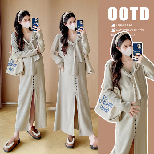 孕妇装秋冬装长袖V领针织连衣裙