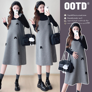 孕妇装秋装长袖上衣秋冬装背带裙时尚设计感两件套连衣裙套装裙子