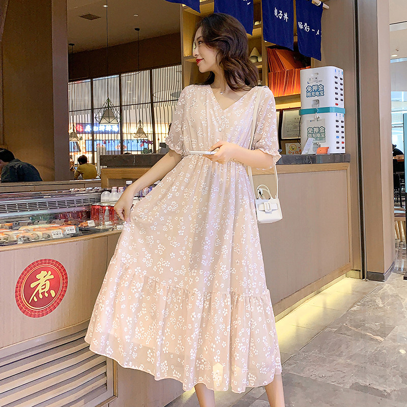 孕妇装夏装时尚小清新甜美减龄短袖碎花雪纺连衣裙夏季网红裙子夏