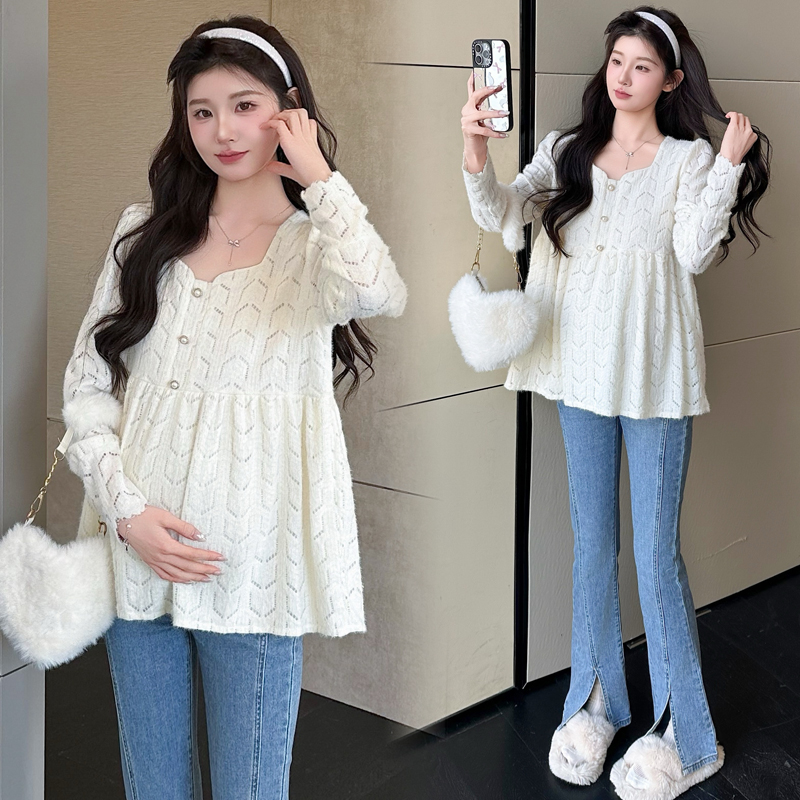 孕妇装秋装设计感长袖方领针织衫