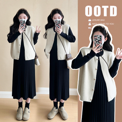 孕妇装秋装长袖连衣裙秋季马甲秋