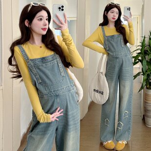 孕妇装春装长袖上衣春季牛仔背带裤时尚设计感孕妇套装怀孕两件套