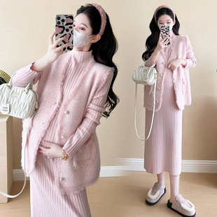 秋冬装 针织裙子秋季 两件套连衣裙套装 长袖 马甲背心 裙子秋装 孕妇装