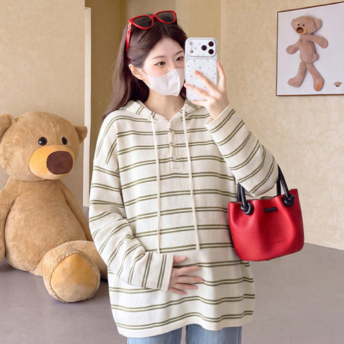 孕妇装秋冬装长袖连帽条纹针织衫