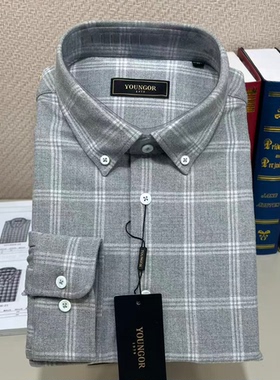 秋冬厚款雅戈尔灰色格子长袖衬衫男士商务休闲保暖衬衣175371DKA