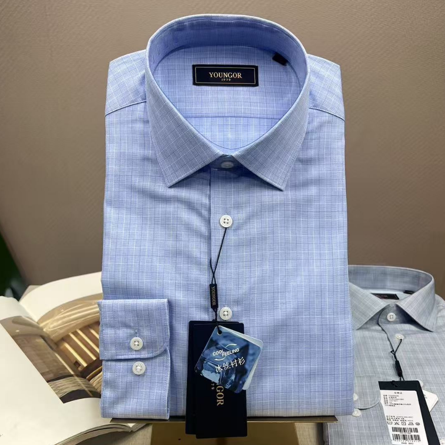 雅戈尔长袖衬衫 含桑蚕丝正品春秋新品格纹冰丝商务休闲124841IBY