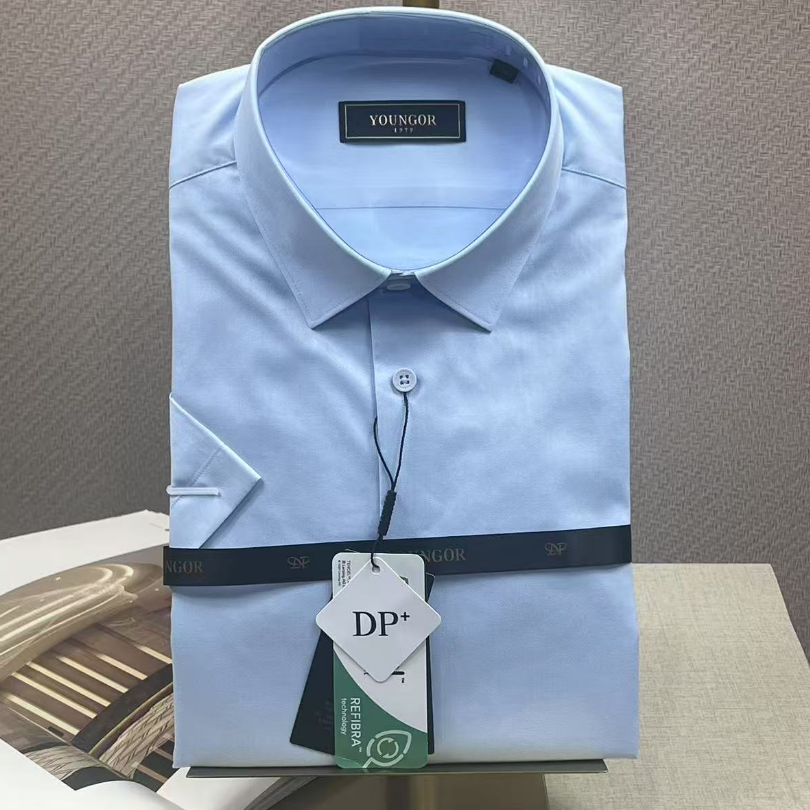 吊牌价880雅戈尔男士DP免烫短袖衬衫浅蓝色修身衬衣YSDD170510BFY