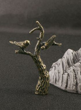 古玩古董黄铜喜鹊枝头招财树铜器茶宠桌面摆件包浆复古工艺品