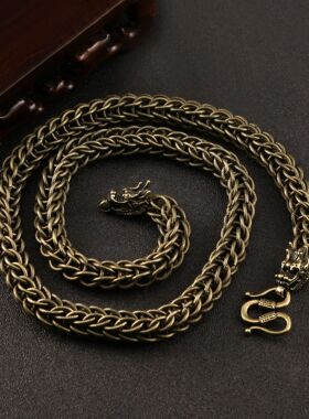复古做旧霸气龙头麻花链长链条古黄铜双头龙麒项链腰挂链包包