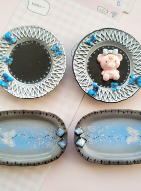 微缩蓝色妖姬蝴蝶结食玩盘子娃屋捏捏装饰盘摆件手工diy树脂配件