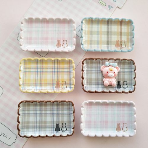 微缩仿真印花格子猫咪食玩盘子娃屋捏捏装饰方盘摆件手工diy配件