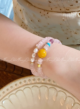 Fanxy马粉晶中国风天然淡水珍珠手链轻奢复古双层叠带手串桃花