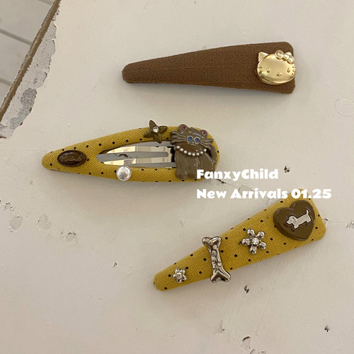 奶黄色~重工可爱Fanxy自制布艺波点爱心KT猫发卡发夹碎发BB夹头饰