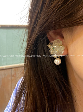 Fanxy小众设计新款韩国耳饰超仙氛围感蓝色镶钻珍珠花朵耳钉