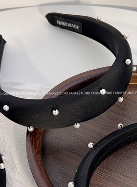 Fanxy高品质黑色缎面手工缝制珍珠高颅顶头箍法式气质发箍