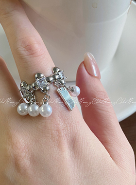 Fanxy韩国ins方形珍珠锆石开口戒指小众简约食指戒个性辣妹手饰