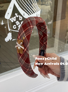 复古小熊Fanxy可爱格纹发箍女2026新款高级感头箍发卡头饰高颅顶