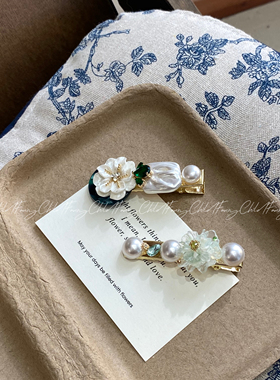 早春漂亮发夹Fanxy重工祖母绿发夹小众气质复古珍珠绿色系发饰