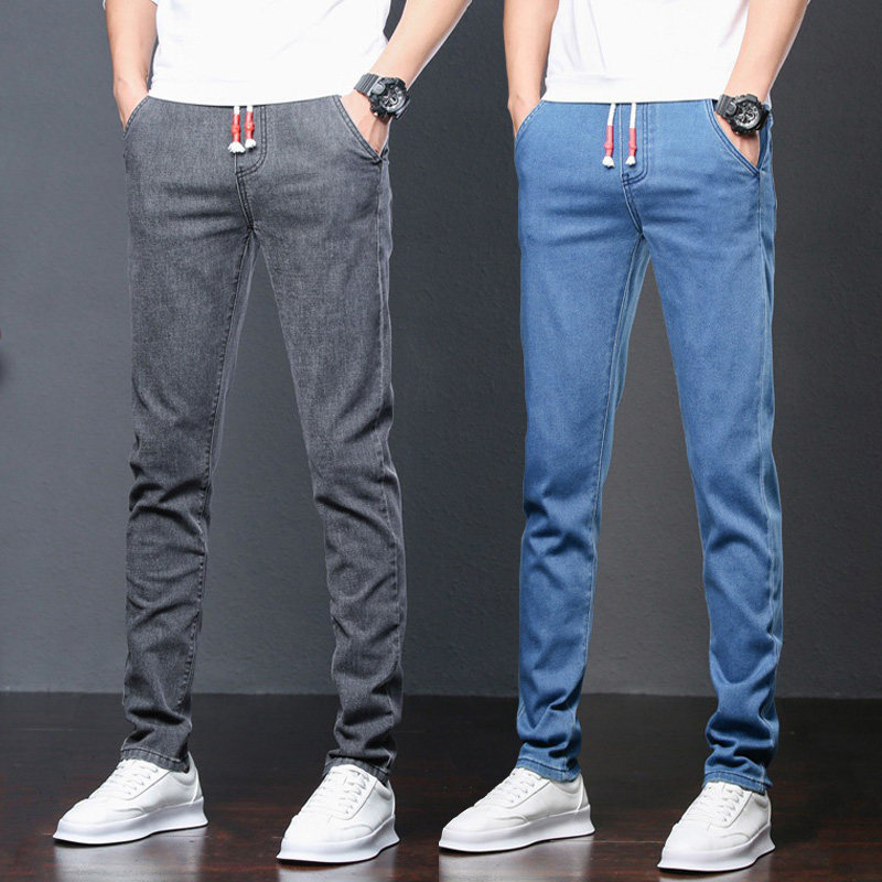 青少年学生松紧腰灰色休闲男士牛仔裤秋冬款宽松直筒韩版潮流弹力