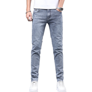 浅色灰色休闲男士裤子夏季薄款2026新款修身小脚潮流弹力牛仔长裤
