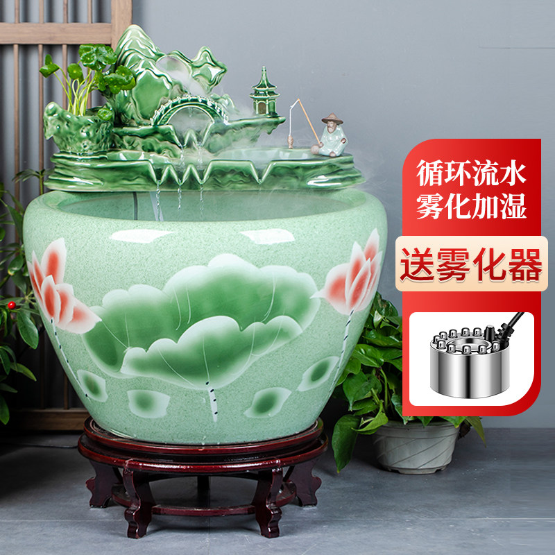 景德镇陶瓷金鱼缸阳台办公室客厅落地家用循环流水摆件庭院大鱼缸