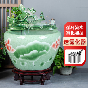 景德镇陶瓷金鱼缸阳台办公室客厅落地家用循环流水摆件庭院大鱼缸
