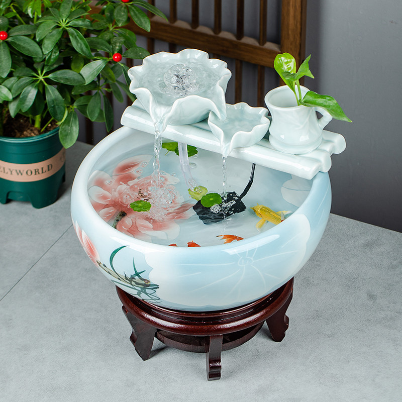 陶瓷鱼缸循环流水摆件景观金鱼缸乌龟缸水培缸睡莲盆陶瓷客厅装饰