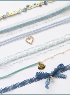 日韩甜美少女雾霾灰蓝色蕾丝蝴蝶结爱心项链CHOKER颈链短款锁骨链