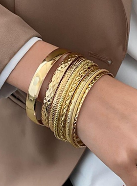 民族风合金复古宽面手镯套装女金色百搭轻奢