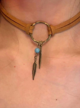 复古波西米亚项链choker短款树叶吊坠皮革项圈圆环气质锁骨链