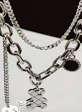 钛钢双层小熊笑脸项链女ins网红潮锁骨链时尚冷淡风毛衣链