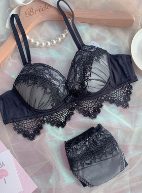 性感黑色大钢圈聚拢深V薄杯文胸套装蕾丝诱网纱女士内衣内裤65BC