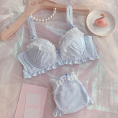 显小舒适蕾丝可爱蓝色女士内衣透气新款 日系少女甜美大码 文胸套装