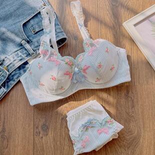薄款 日系甜美刺绣可爱文胸少女薄杯软钢圈大码 罩舒适聚拢内衣套装
