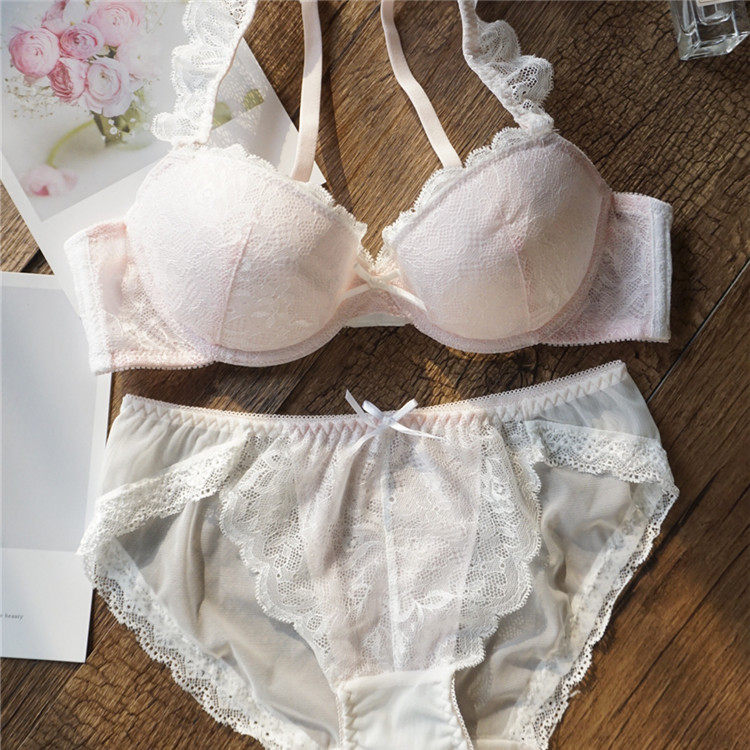 夏季小胸70b断码甜美少女性感浅粉色蕾丝文胸套装 薄杯舒适内衣