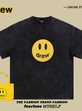 drew美式潮牌笑脸印花洗水做旧短袖T恤男女情侣宽松百搭半袖vtg夏
