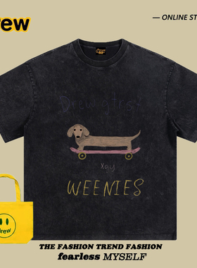 Drew潮牌卡通滑板小狗印花短袖T恤男女宽松纯棉美式vtg做旧半袖潮