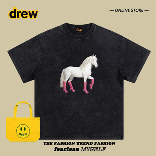 宽松圆领潮牌上衣百搭趣味创意白马印花半袖 drew短袖 T恤男女同款