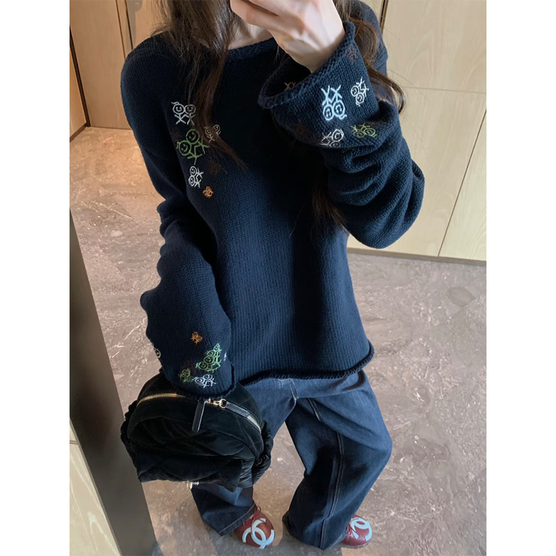 火柴人针织衫长袖刺绣套头毛衣女