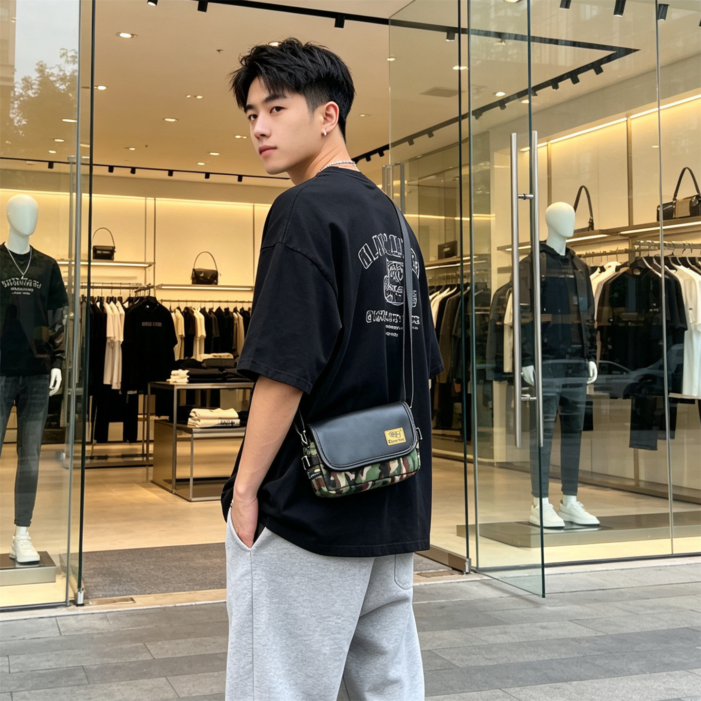 港风男士迷彩帆布骑行斜挎包