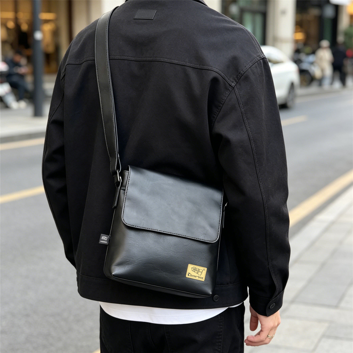 ThreeBox男士PU皮翻盖斜挎包