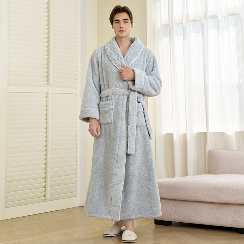 2025新款睡袍男士加厚秋冬季珊瑚绒男式浴衣式睡衣加长款浴袍冬天