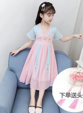 女童雪纺连衣裙中长款2024夏新款超仙古装中国风改良唐装汉服襦裙