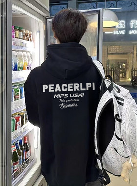 国潮美式高街连帽卫衣男秋冬加绒加厚黑色重磅纯棉宽松青少年外套