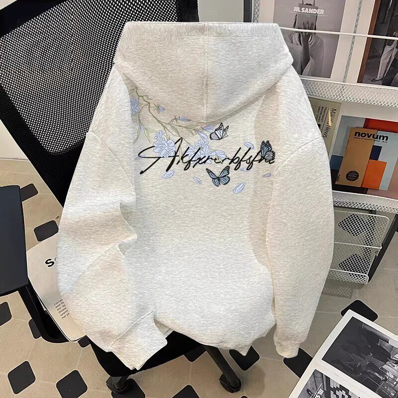 美式潮牌蝴蝶花卉印花连帽卫衣男秋冬宽松oversize重磅加绒外套潮